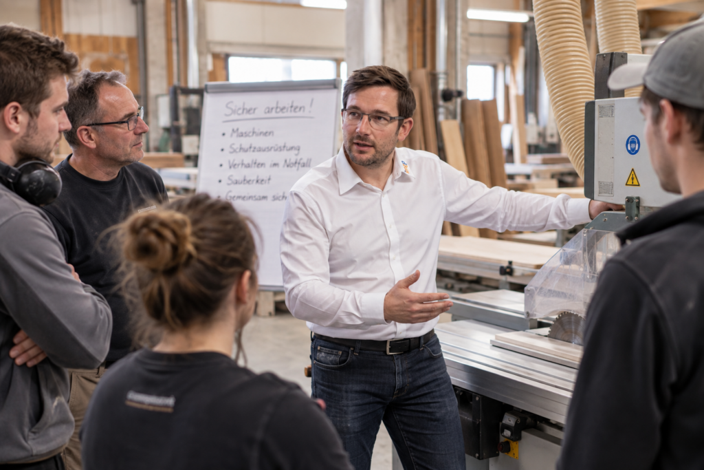 Florian Strauss führt eine Arbeitsschutzunterweisung mit Beschäftigten in einer Schreinerei durch