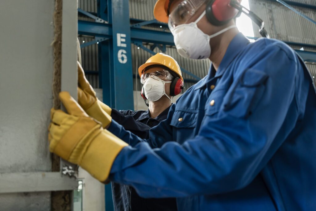 Schutzhandschuhe und Schutzbrillen – Beschäftigte mit persönlicher Schutzausrüstung bei industriellen Arbeiten