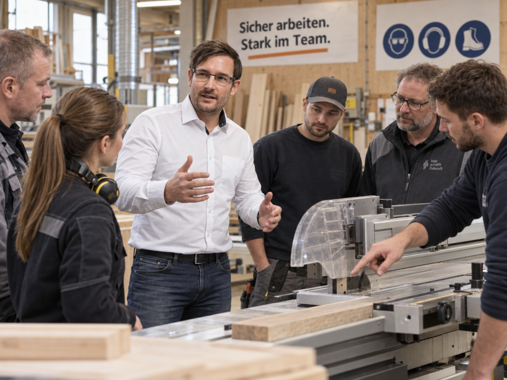 Florian Strauss moderiert einen Workshop zur Arbeitssicherheit mit Beschäftigten in einer Schreinerei